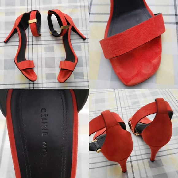 Celine Paris Red Suede Heels Italy Gold Clasp Cute - Picture 2 of 16